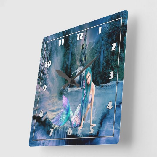 ターコイズ髪の人魚 スクエア壁時計 (傾斜)