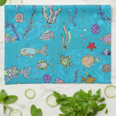 ターコイズ魚のパターン キッチンタオル (折り畳み)