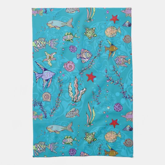 ターコイズ魚のパターン キッチンタオル (縦)