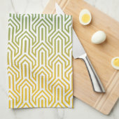ターコイズ黄グラデーションアールデコ模様 キッチンタオル (四つ折り)