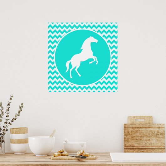 ターコイズ、アクアカラーシェブロン、エクエストリアン ポスター (キッチン)