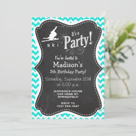 ターコイズ、アクアカラーシェブロン、スノースキー 招待状 (スタンド正面)