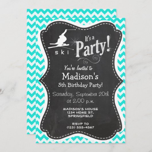 ターコイズ、アクアカラーシェブロン、スノースキー 招待状 (正面/裏面)