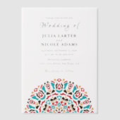 ターコイズ アゲート ティール & ワイン フローラル マンダラ ウェディング ベラム紙招待状 (正面)