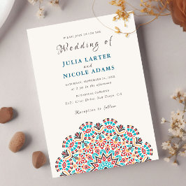 ターコイズ アゲート ティール & ワイン フローラル マンダラ ウェディング 招待状