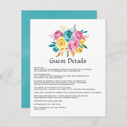 ターコイズ、イエロー、ピンクのフローラゲスト詳細 エンクロージャーカード (正面/裏面)