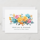 ターコイズ、イエロー、ピンクのフローラ結婚の サンキューカード (正面)