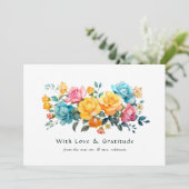 ターコイズ、イエロー、ピンクのフローラ結婚の サンキューカード (スタンド正面)