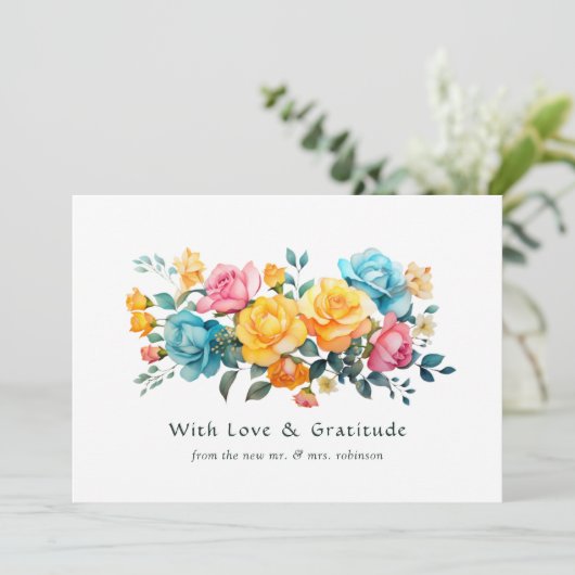 ターコイズ、イエロー、ピンクのフローラ結婚の サンキューカード (スタンド正面)