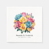 ターコイズ、イエロー、ピンクのフローラ結婚の スタンダードカクテルナプキン (正面)