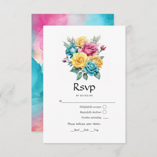 ターコイズ、イエロー、ピンクのフローラ結婚の 出欠カード (正面/裏面)