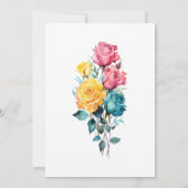 ターコイズ、イエロー、ピンクのフローラ結婚の 招待状 (裏面)