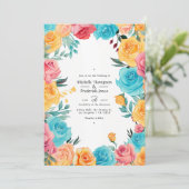ターコイズ、イエロー、ピンクのフローラ結婚の 招待状 (スタンド正面)