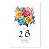 ターコイズ、イエロー、ピンクの花の結婚式 テーブルナンバー (裏面)