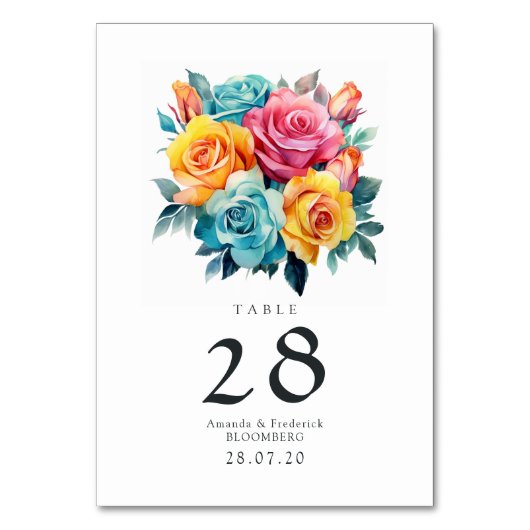 ターコイズ、イエロー、ピンクの花の結婚式 テーブルナンバー (裏面)