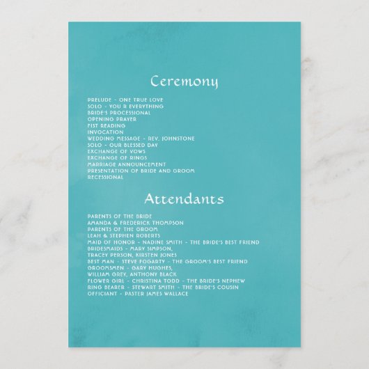 ターコイズ、イエロー、ピンクの花の結婚式 プログラム (裏面)