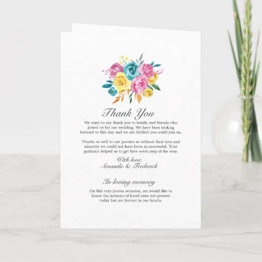 ターコイズ、イエロー、ピンクの花の結婚式 プログラム (裏面)