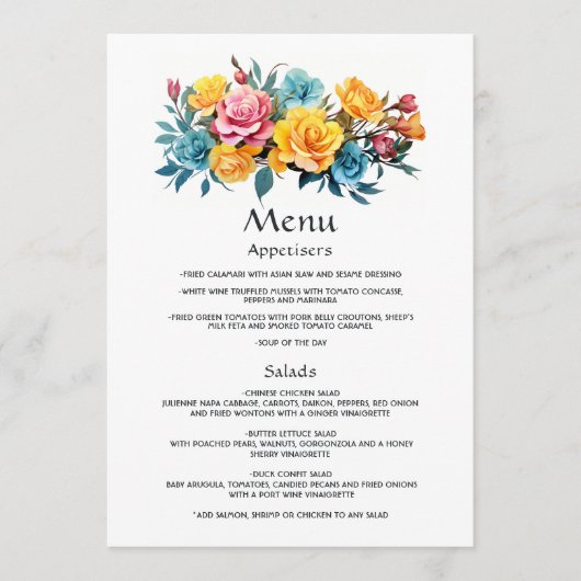 ターコイズ、イエロー、ピンクの花の結婚式 メニュー (正面)
