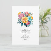 ターコイズ、イエロー、ピンクの花柄のブライズシャワー 招待状 (スタンド正面)