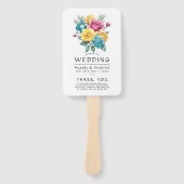 ターコイズ、イエロー、ピンクの花柄の結婚式プログラム ハンドファン (正面)