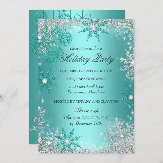 ターコイズ ウィンター ワンダーランド クリスマス ホリデー パーティー 3 招待状 (正面/裏面)