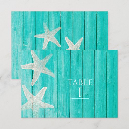 ターコイズ ウッド & ヒトデ ビーチ エレガント テーブル ナンバー 招待状 (正面/裏面)