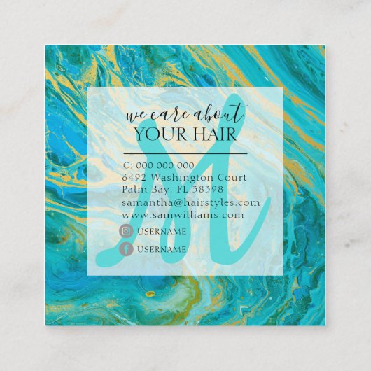 ターコイズ&エレガント金ゴールドマーブルアゲート美容師 スクエア名刺 (裏面)