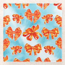 ターコイズ&オレンジ紅葉がカボチャを弓 ガラスコースター