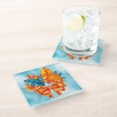 ターコイズ&オレンジ紅葉がカボチャを弓 ガラスコースター (アングル)