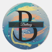 ターコイズ、オレンジ、イエロー、コーラル ブラシストローク モノグラム ラウンドシール (正面)