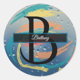 ターコイズ、オレンジ、イエロー、コーラル ブラシストローク モノグラム ラウンドシール