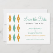 ターコイズ オレンジ ダイヤモンド ミッドセンチュリー セーブ・ザ・デート 招待状 (正面)