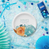 ターコイズ オレンジ テラコッタ ボヘミアンフォール フローラル ペーパープレート (パーティー)