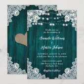 ターコイズ カントリー ウッド フローラルレース ライト ウェディング 招待状 (正面/裏面)
