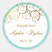 ターコイズ&クラスゴールデンらせん状エレガントな結婚式 ラウンドシール (正面)