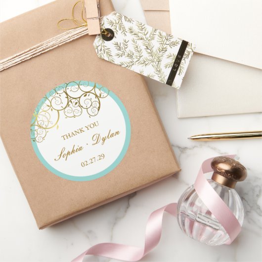 ターコイズ&クラスゴールデンらせん状エレガントな結婚式 ラウンドシール (ギフト)
