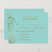 ターコイズ&クラスゴールデンらせん状エレガントな結婚式 出欠カード (正面/裏面)