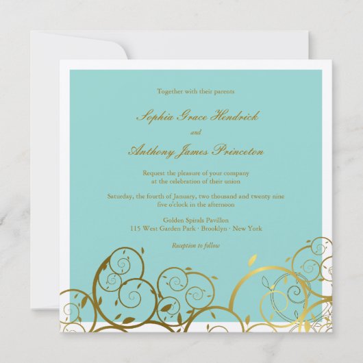 ターコイズ&クラスゴールデンらせん状エレガントな結婚式 招待状 (正面)