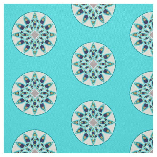 ターコイズ・クリーム・ネイビーの曼荼羅模様 ファブリック (見本)