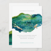 ターコイズ・グリーン・ゴールドのスプラッター結婚式招待状 招待状 (正面/裏面)