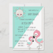 ターコイズ/グリーン ピンク フラミンゴ 赤ちゃん女の子 シャワー招待状 招待状 (正面)