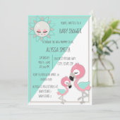 ターコイズ/グリーン ピンク フラミンゴ 赤ちゃん女の子 シャワー招待状 招待状 (スタンド正面)