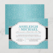 ターコイズ&グレー ダマスク 結婚式の披露宴のみ 招待状 (正面/裏面)