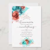 ターコイズ&コーラルウォーターカラーフローラキンセアニラ 招待状 (正面)