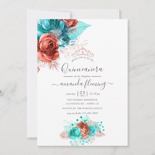 ターコイズ&コーラルウォーターカラーフローラキンセアニラ 招待状 (正面)