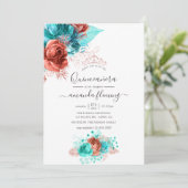 ターコイズ&コーラルウォーターカラーフローラキンセアニラ 招待状 (スタンド正面)