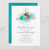 ターコイズ&コーラルウォーターフローラ聖餐式 招待状 (正面/裏面)
