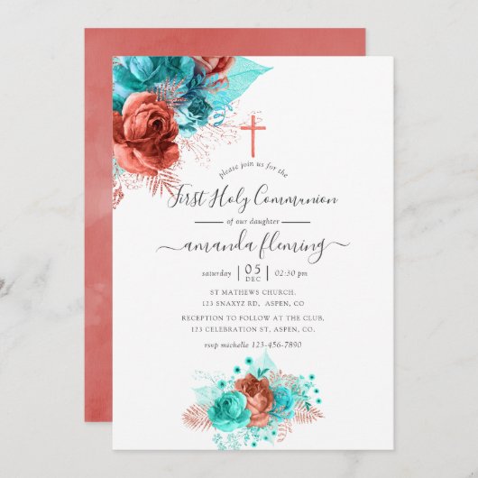 ターコイズ&コーラルウォーターフローラ聖餐式 招待状 (正面/裏面)