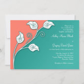 ターコイズ、コーラルホワイトリーフィーつる植物結婚ズ 招待状 (正面)