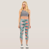 ターコイズ＆コーラル モダンアブストラクトボタニカルパターン カプリレギンス (正面)